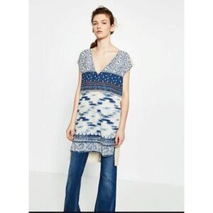 Zara Woman Beige & Blue Boho Print Tunic Dress V-Neck Cap Sleeve